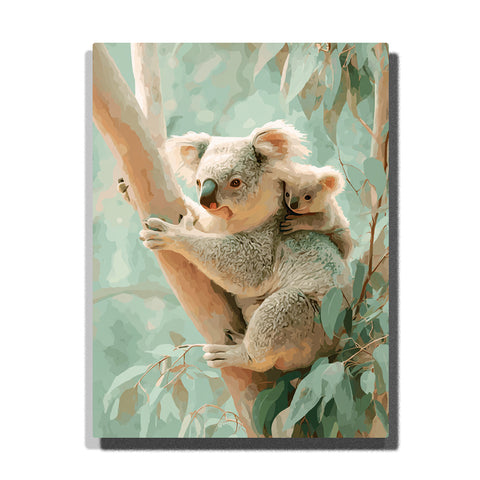 Koala mother carrying a baby on her back while clinging to a eucalyptus tree, surrounded by soft green leaves in a gentle pastel forest scene, animal paint by numbers wall art by PaintEasy
