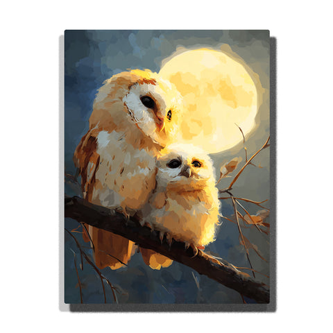 paint by numbers artwork depicting owl mother and chick on branch under full moon with warm glow and night sky, animal wall decor for adults by PaintEasy