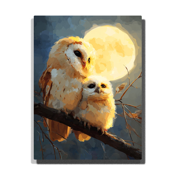 paint by numbers artwork depicting owl mother and chick on branch under full moon with warm glow and night sky, animal wall decor for adults by PaintEasy