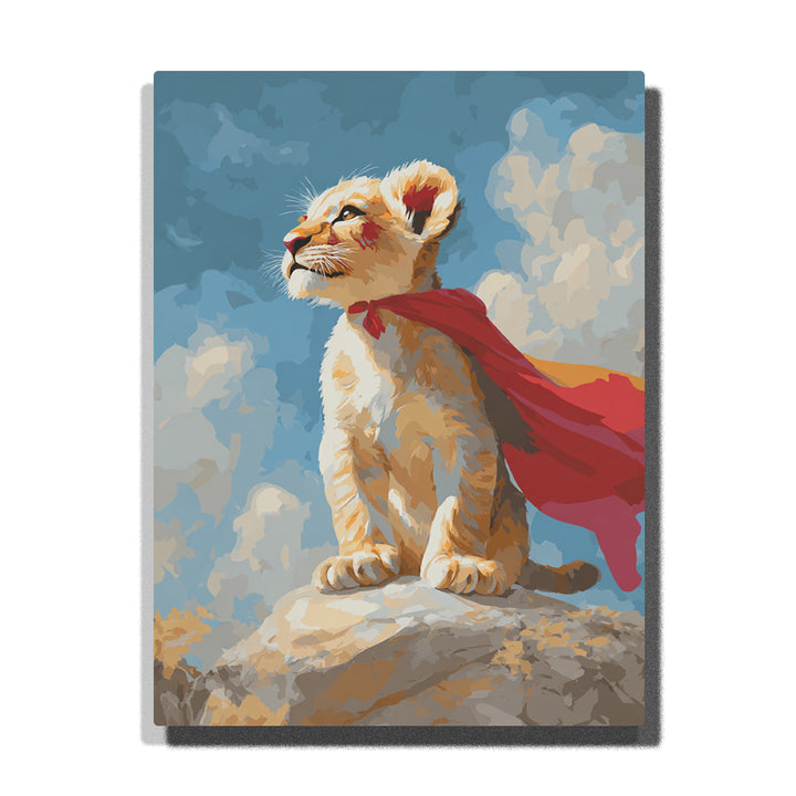 Lion cub wearing a red hero cape sitting on a rocky hill with golden fur, lifted chin, blue sky, fluffy clouds, and brave storybook mood, paint by numbers wall art by PaintEasy