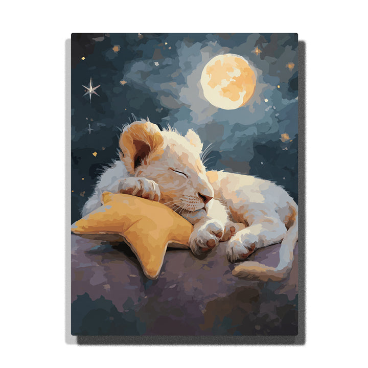 Sleeping lion cub hugging a golden star pillow under a glowing full moon with cream fur, closed eyes, soft clouds, and dark blue night sky, paint by numbers wall art by PaintEasy