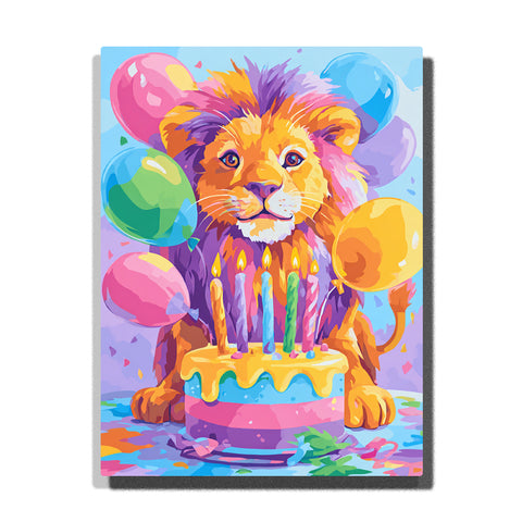 Lion cub with birthday cake and colorful balloons, rainbow candles, blue eyes, purple-shadowed mane, yellow icing drips, and confetti, paint by numbers wall art by PaintEasy