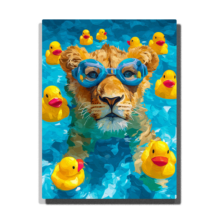Lion cub wearing blue swimming goggles in bright blue water with yellow rubber ducks, orange beaks, wet golden fur, and playful pool scene, paint by numbers wall art by PaintEasy