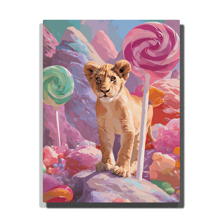 Lion cub standing in a candy mountain world with pink swirl lollipop, mint lollipop, pastel rocks, golden fur, and soft fantasy hills, paint by numbers wall art by PaintEasy