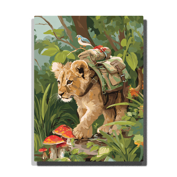 Lion cub explorer walking through a leafy forest with backpack, red mushrooms, small bird, golden fur, green plants, and woodland adventure scene, paint by numbers wall art by PaintEasy