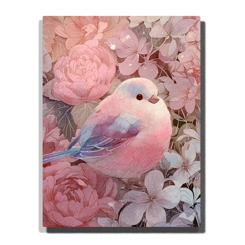 Pastel pink bird resting among blooming flowers with blue wing feathers, glossy dark eye, dusty rose petals, and soft floral background, paint by numbers wall art by PaintEasy