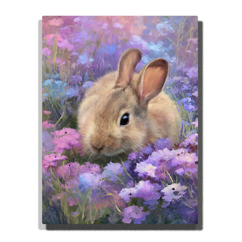 Fluffy bunny nestled among purple meadow flowers with beige fur, upright ear, bright dark eye, green grass, and misty blue-lavender garden background, paint by numbers wall art by PaintEasy
