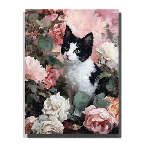 Black and white kitten sitting among blush roses with bright eyes, pink nose, white chest fur, cream flowers, and muted green leaves, paint by numbers wall art by PaintEasy