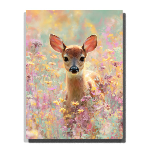 Young fawn standing among pastel wildflowers with upright ears, soft tan coat, white back spots, glowing meadow light, and dreamy spring colors, paint by numbers wall art by PaintEasy