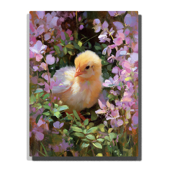 Fluffy yellow chick nestled among purple flowers with tiny orange beak, dark eye, green leaves, lavender petals, and soft spring light, paint by numbers wall art by PaintEasy