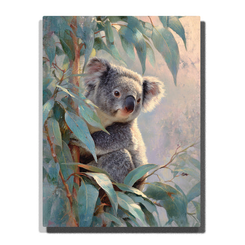 Koala peeking through eucalyptus leaves with fluffy gray fur, rounded ears, dark nose, warm brown eyes, and soft forest light, paint by numbers wall art by PaintEasy