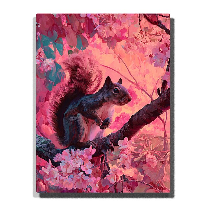 Dark squirrel perched on a curved branch among pink cherry blossoms with fluffy tail, bright eye, coral glow, and magenta floral canopy, paint by numbers wall art by PaintEasy