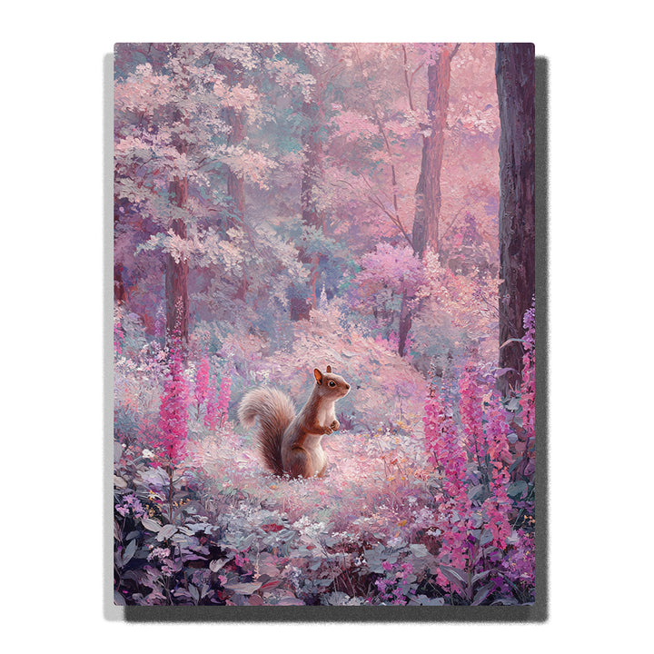 Squirrel sitting on a pink woodland path with fluffy tail, lavender mist, pale forest leaves, tall trees, and rose wildflowers, paint by numbers wall art by PaintEasy