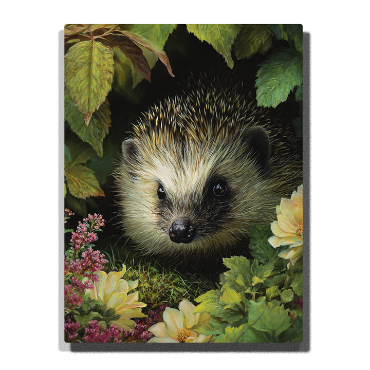 Hedgehog peeking from green leaves with black eyes, glossy nose, golden-tipped spines, yellow flowers, and pink blossoms, paint by numbers wall art by PaintEasy