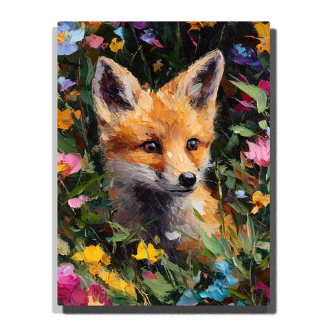 Fox cub peeking through colorful wildflowers with orange fur, pointed ears, glossy eyes, leafy greenery, and painterly floral textures, paint by numbers wall art by PaintEasy