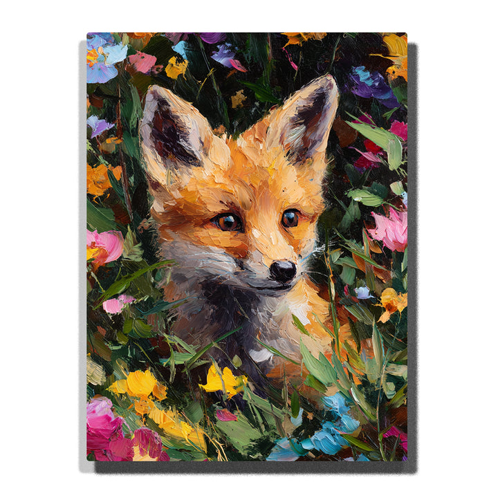 Fox cub peeking through colorful wildflowers with orange fur, pointed ears, glossy eyes, leafy greenery, and painterly floral textures, paint by numbers wall art by PaintEasy