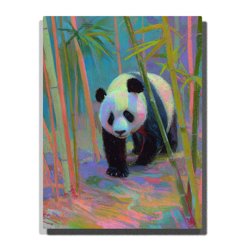 Colorful panda walking through a rainbow bamboo forest with green stalks, teal and peach reflections, black ears, and vivid painterly light, paint by numbers wall art by PaintEasy