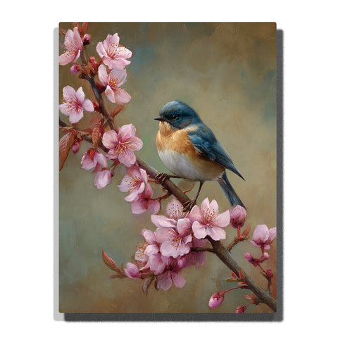 Blue songbird perched on a branch among pink cherry blossoms with peach chest, flower buds, brown twigs, and soft green-gray background, paint by numbers wall art by PaintEasy