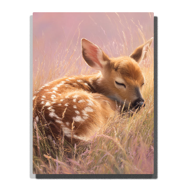 Sleeping fawn curled in golden meadow grass with white spotted coat, large ears, closed eyes, soft pink background, and warm sunlight, paint by numbers wall art by PaintEasy