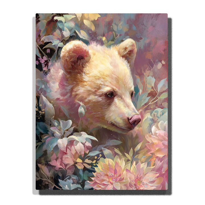 Golden bear cub peeking through pastel flowers with cream fur, rounded ears, pink nose, soft leaves, and blush garden light, paint by numbers wall art by PaintEasy