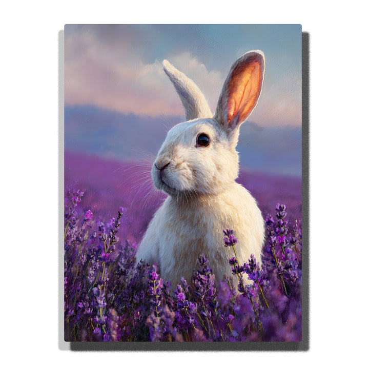 White rabbit sitting in a purple lavender field with upright ears, soft cream fur, glowing evening light, and misty blue-purple background, paint by numbers wall art by PaintEasy