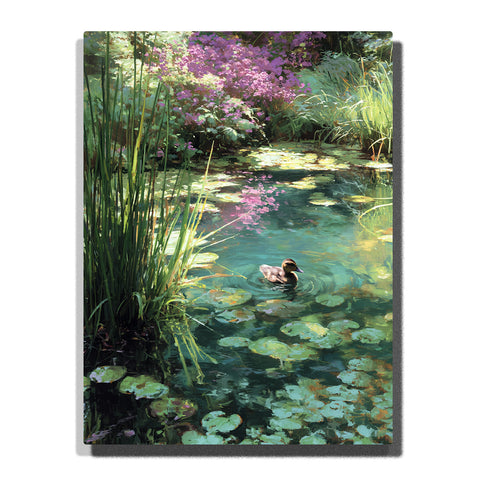 Small duck swimming through a shaded garden pond with lily pads, tall reeds, green reflections, and pink-purple flowers, paint by numbers wall art by PaintEasy