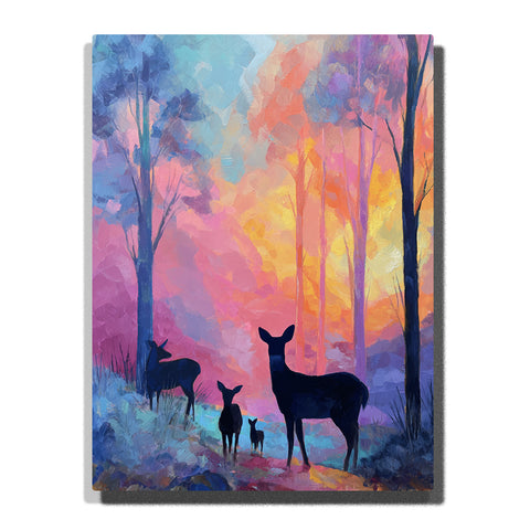 Deer family silhouettes walking through a colorful sunset forest with tall tree trunks, glowing peach light, pink-blue shadows, and woodland path, paint by numbers wall art by PaintEasy