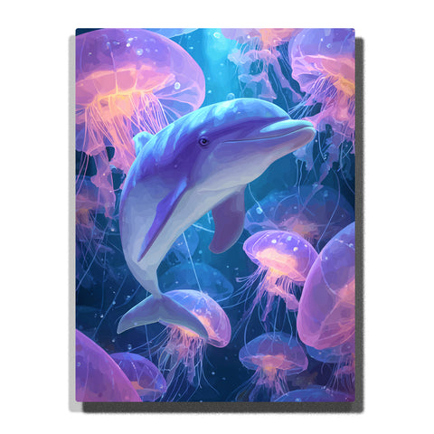 Blue dolphin with glowing jellyfish, purple underwater light, pink translucent sea creatures, soft ocean background, and dreamy marine animal fantasy style, paint by numbers wall art by PaintEasy