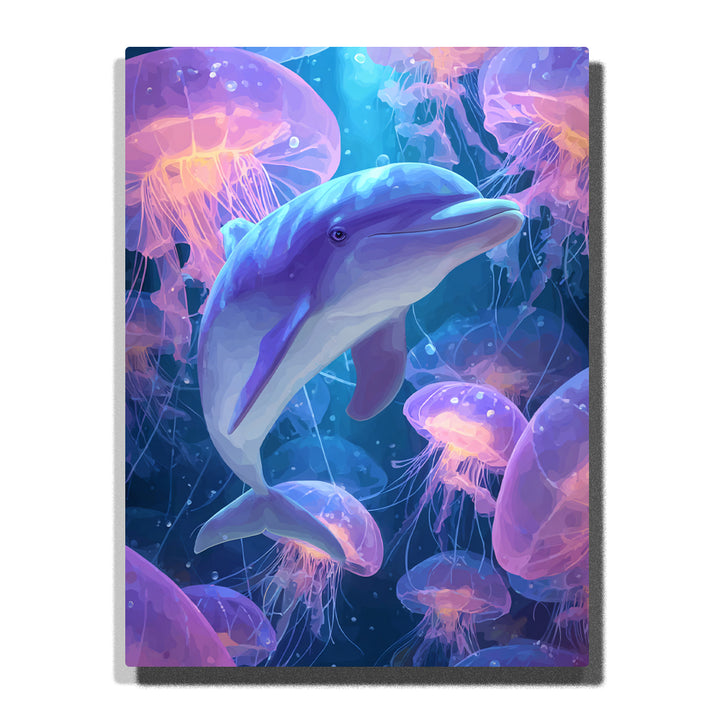 Blue dolphin with glowing jellyfish, purple underwater light, pink translucent sea creatures, soft ocean background, and dreamy marine animal fantasy style, paint by numbers wall art by PaintEasy