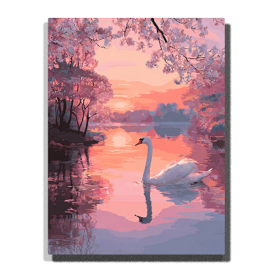 White swan gliding across a pink sunset lake with blossom trees, soft reflections, calm ripples, and pastel evening sky, paint by numbers wall art by PaintEasy