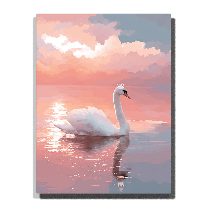 White swan gliding on pink sunset lake with soft clouds, peach sky, shimmering water reflection, distant mountains, and gentle animal wall art mood, paint by numbers by PaintEasy