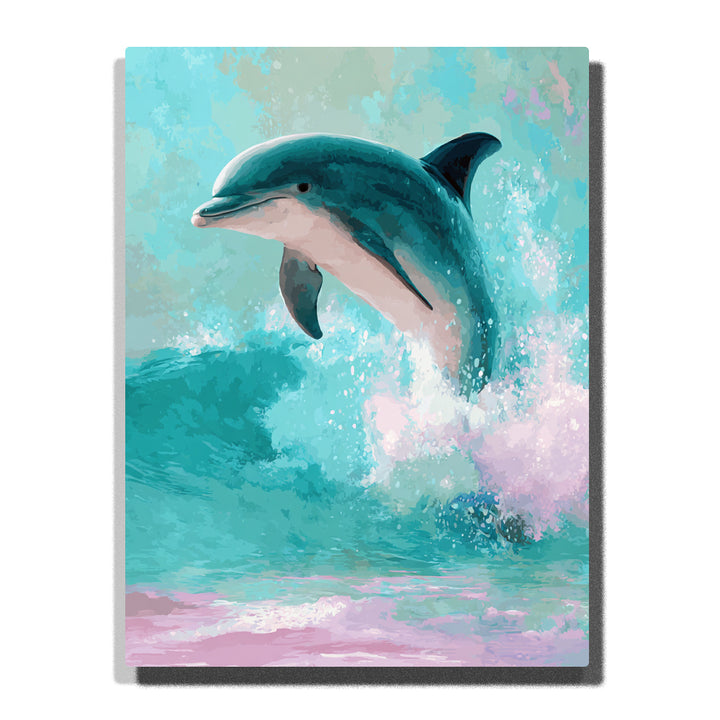 Teal dolphin jumping above a foamy turquoise ocean wave with white splash, pale cream belly, dark fin, and soft pink surf, paint by numbers wall art by PaintEasy