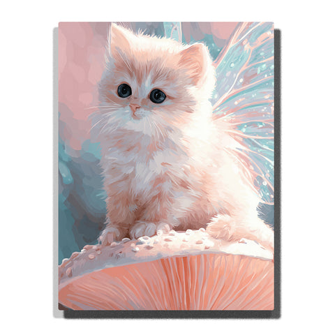 White fairy kitten sitting on a coral mushroom cap with blue eyes, fluffy fur, pale aqua wings, dotted shimmer, and soft pastel garden mood, paint by numbers by PaintEasy