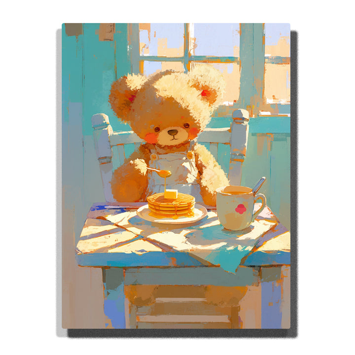 Fluffy teddy bear sitting at a sunny breakfast table with golden pancakes, syrup, warm cup, blue chairs, window light, and soft morning shadows, Paint by Numbers kit for kids by PaintEasy.
