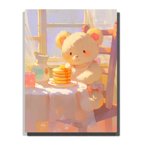 Cream teddy bear sitting beside golden pancakes by a sunny window, with pastel cup, small pitcher, soft tablecloth, warm morning light, and cozy breakfast details, Paint by Numbers kit for kids by PaintEasy.