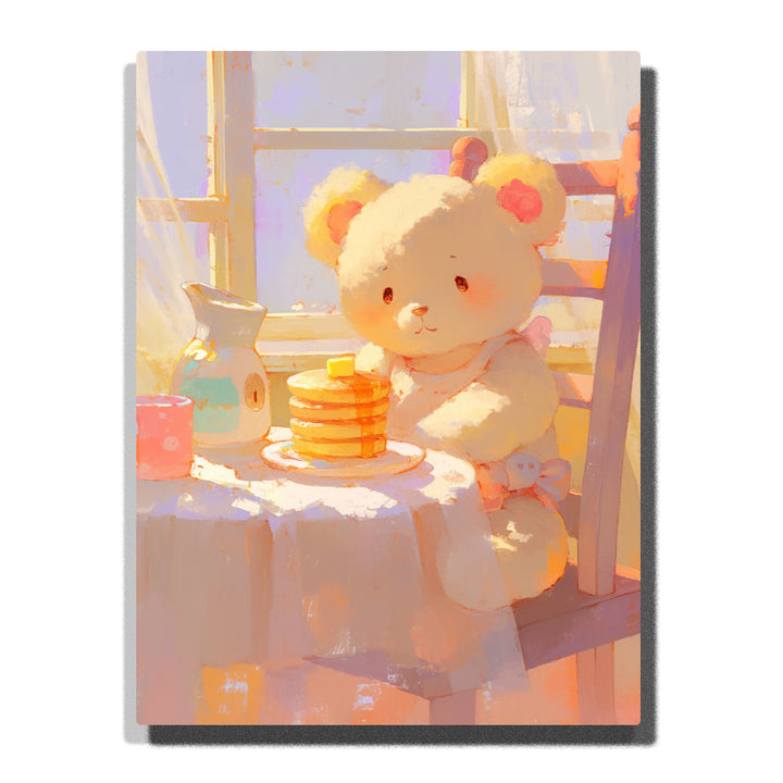 Cream teddy bear sitting beside golden pancakes by a sunny window, with pastel cup, small pitcher, soft tablecloth, warm morning light, and cozy breakfast details, Paint by Numbers kit for kids by PaintEasy.