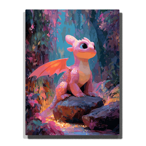 Pink baby dragon sitting on a forest rock with orange wings, large glossy eye, sparkling body spots, purple leaves, teal shadows, and glowing tail light, paint by numbers wall art by PaintEasy