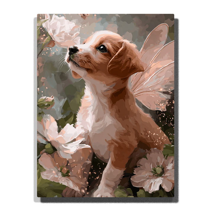 Brown fairy puppy sitting among ivory garden blossoms with cream fur, translucent wings, soft floral background, and dreamy animal mood, paint by numbers by PaintEasy