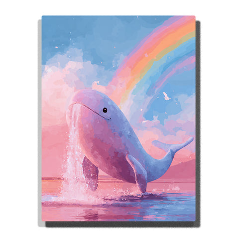 Pink dolphin leaping from blue water under a rainbow sky with rosy clouds, white splash, pale blue tail, and pastel ocean light, paint by numbers wall art by PaintEasy