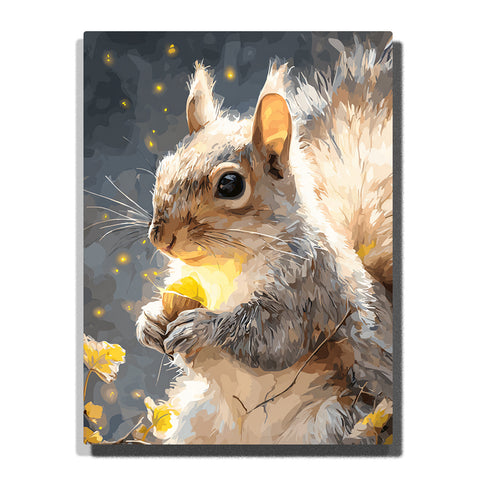 Close-up squirrel holding a glowing acorn with fluffy tail, bright dark eye, pointed ear, soft whiskers, golden forest lights, and cozy woodland animal mood, paint by numbers by PaintEasy