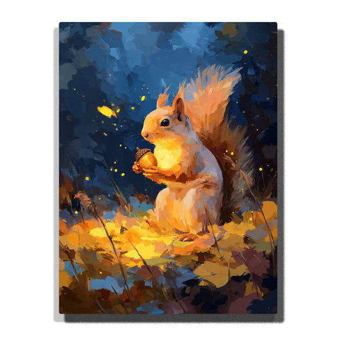 Squirrel holding a glowing acorn in a dark blue night forest with fluffy tail, golden leaves, tiny light dots, warm fur, and magical woodland animal mood, paint by numbers by PaintEasy