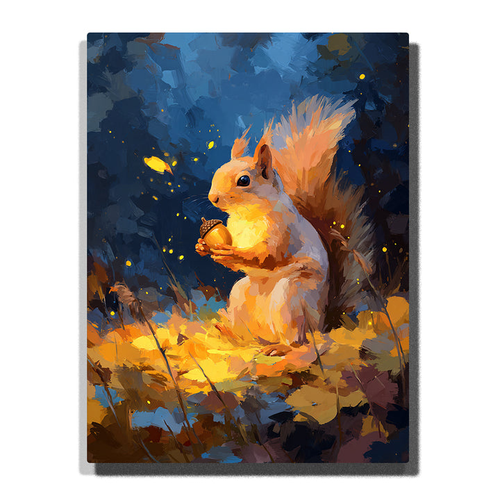Squirrel holding a glowing acorn in a dark blue night forest with fluffy tail, golden leaves, tiny light dots, warm fur, and magical woodland animal mood, paint by numbers by PaintEasy