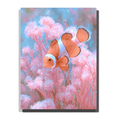 Orange clownfish swimming through pink coral flowers with white head band, brown fins, soft blue-lavender water, and pastel underwater light, paint by numbers wall art by PaintEasy