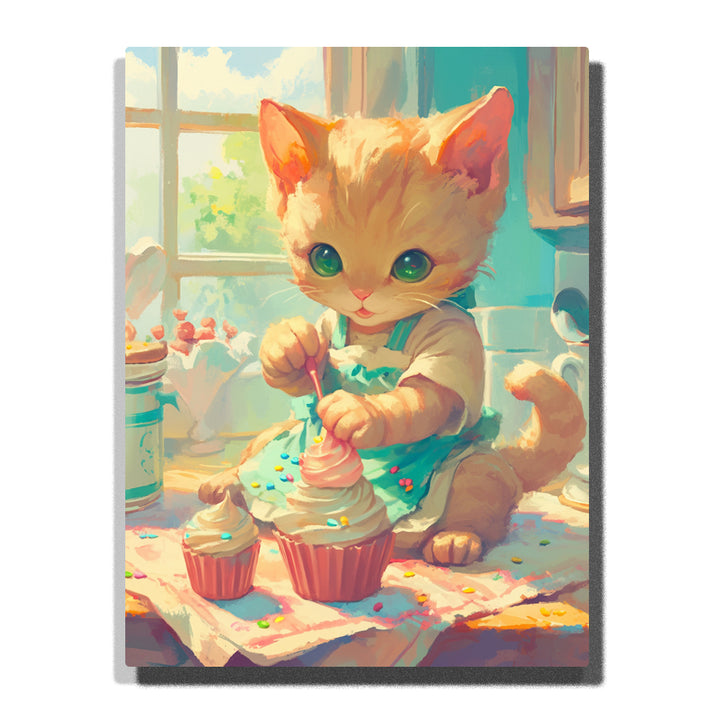 Cream kitten with bright turquoise eyes decorating pink cupcakes by a sunny kitchen window, with frosting, sprinkles, jars, and warm tabletop light, Paint by Numbers kit for kids by PaintEasy.