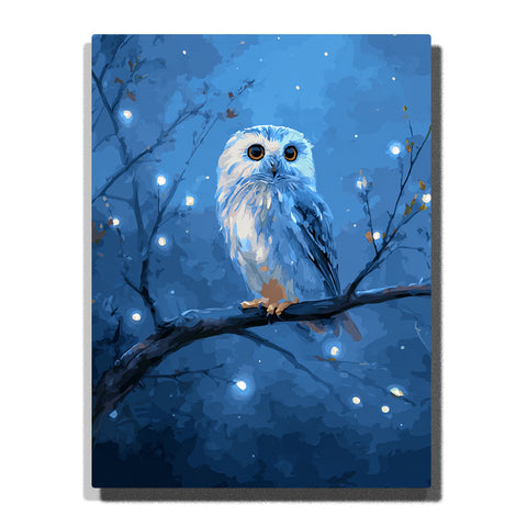 White owl perched on a dark branch in a deep blue night forest with glowing light dots, bare tree branches, layered feathers, and calm woodland animal mood, paint by numbers by PaintEasy