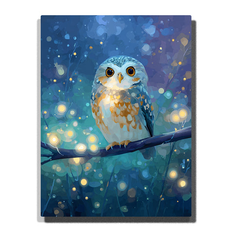 Golden-eyed owl perched on a dark branch in a glowing blue-green night forest with soft light orbs, layered feathers, teal shadows, and calm woodland animal mood, paint by numbers by PaintEasy