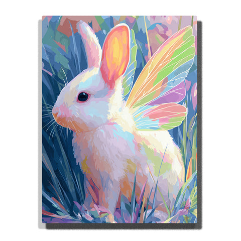 Winged white bunny sitting in a pastel meadow with soft fur, upright ears, rainbow-tinted wings, blue grasses, and dreamy fantasy animal mood, paint by numbers by PaintEasy