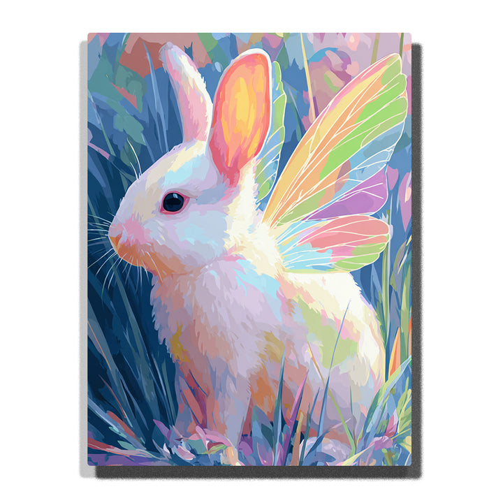 Winged white bunny sitting in a pastel meadow with soft fur, upright ears, rainbow-tinted wings, blue grasses, and dreamy fantasy animal mood, paint by numbers by PaintEasy