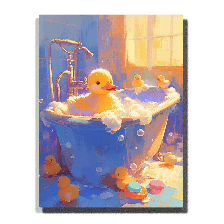 Yellow duckling sitting in a blue bathtub filled with white bubbles, warm sunlight from a bathroom window, rubber duck toys, and soft blue floor shadows, Paint by Numbers kit for kids by PaintEasy.