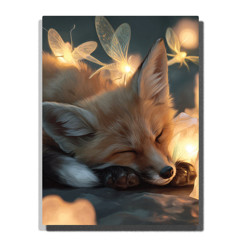 Sleeping fox surrounded by glowing fireflies with fluffy orange fur, closed eyes, pointed ears, soft darkness, and cozy woodland animal mood, paint by numbers by PaintEasy